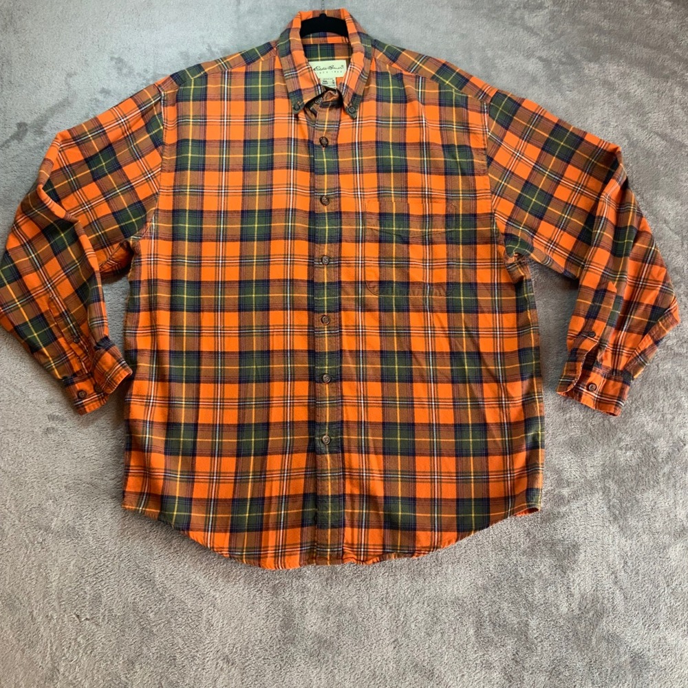 Eddie Bauer Mens Orange Green Plaid Flannel Shirt Y2K Cotton Button Down Medium